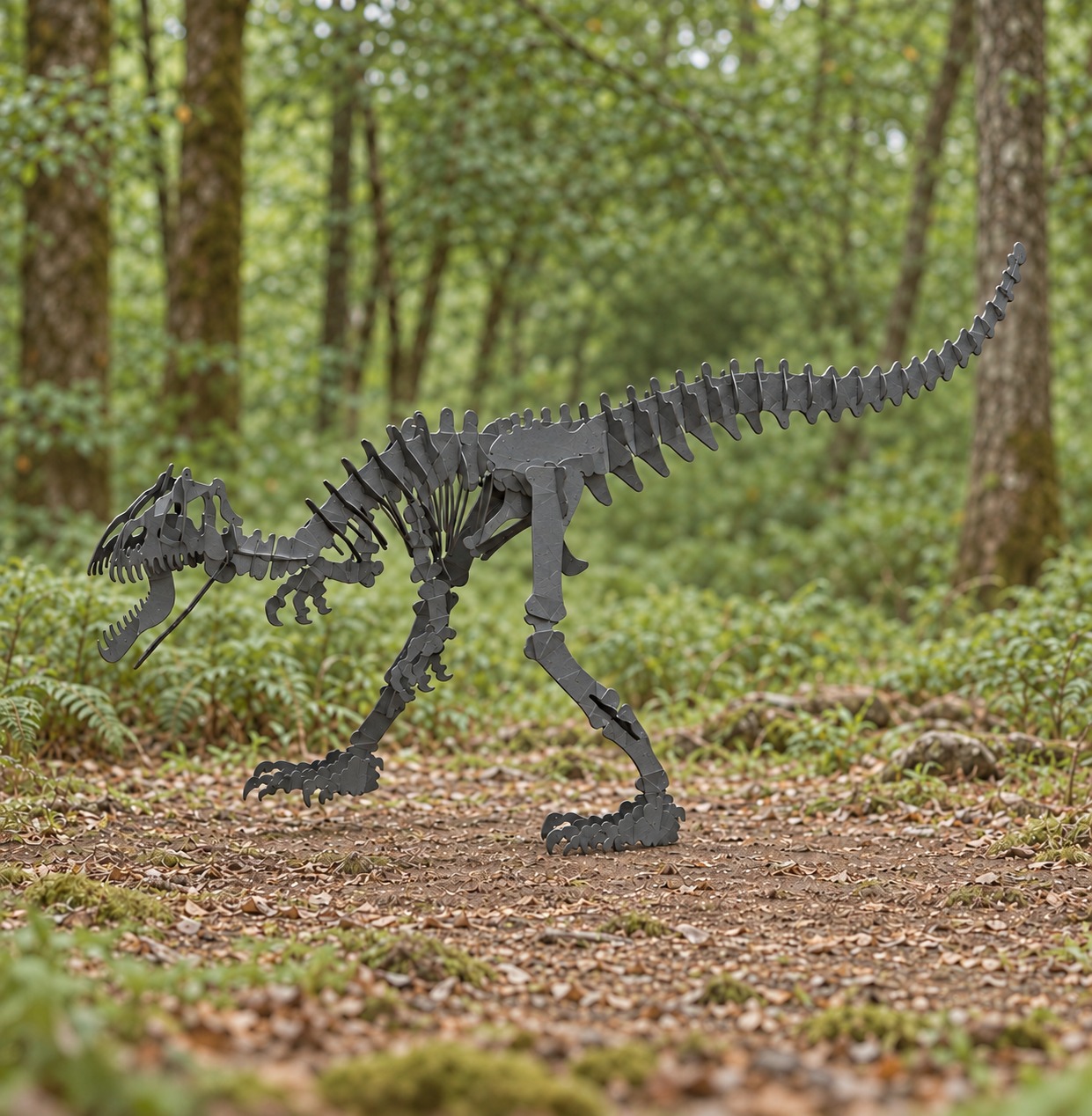 Allosaurus steel sculpture from the opposite angle