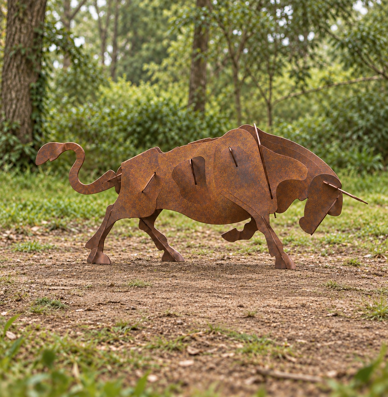 Side profile of the rusty steel bull