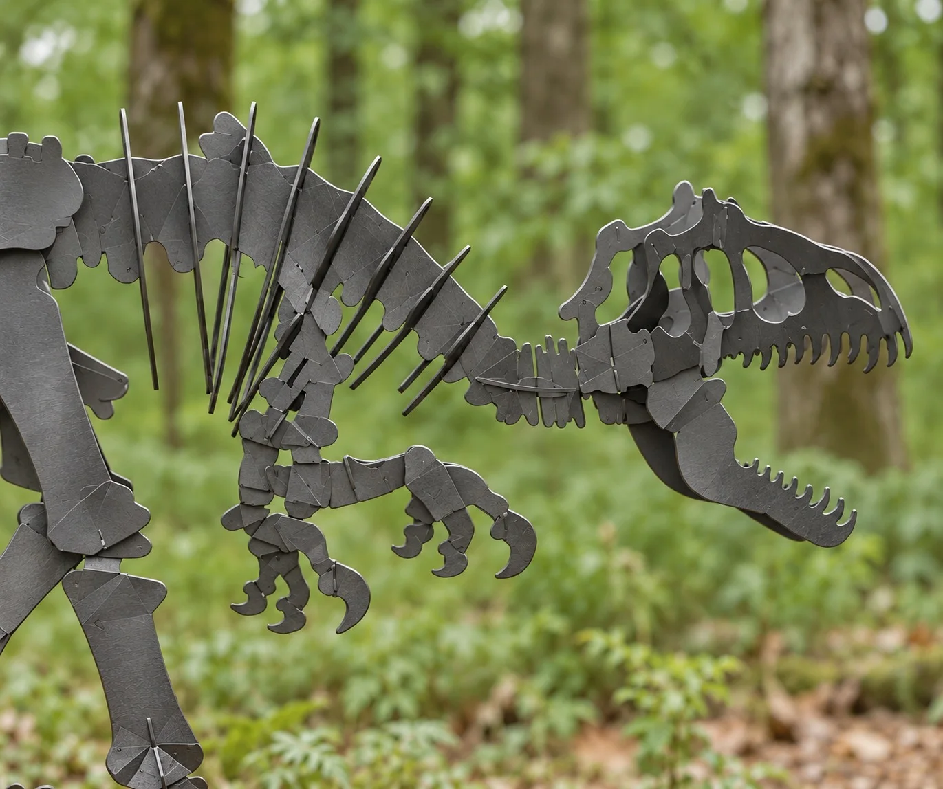 Close view of the Allosaurus skull, open jaws and steel plates