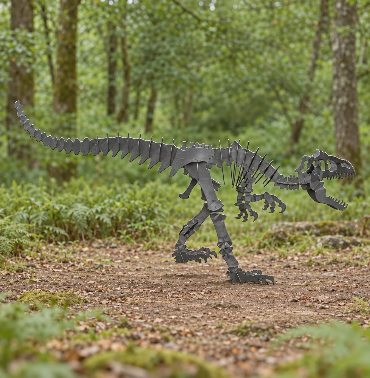 Allosaurus steel sculpture in a woodland clearing, side view