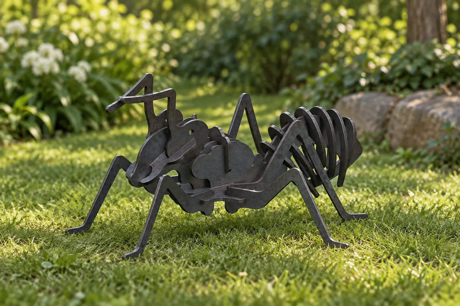 AI garden visualization of the dark steel ant sculpture