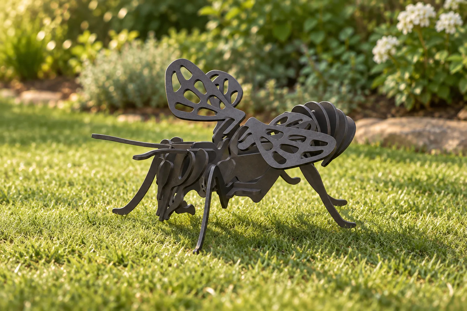 AI garden visualization of the revised dark steel bee sculpture