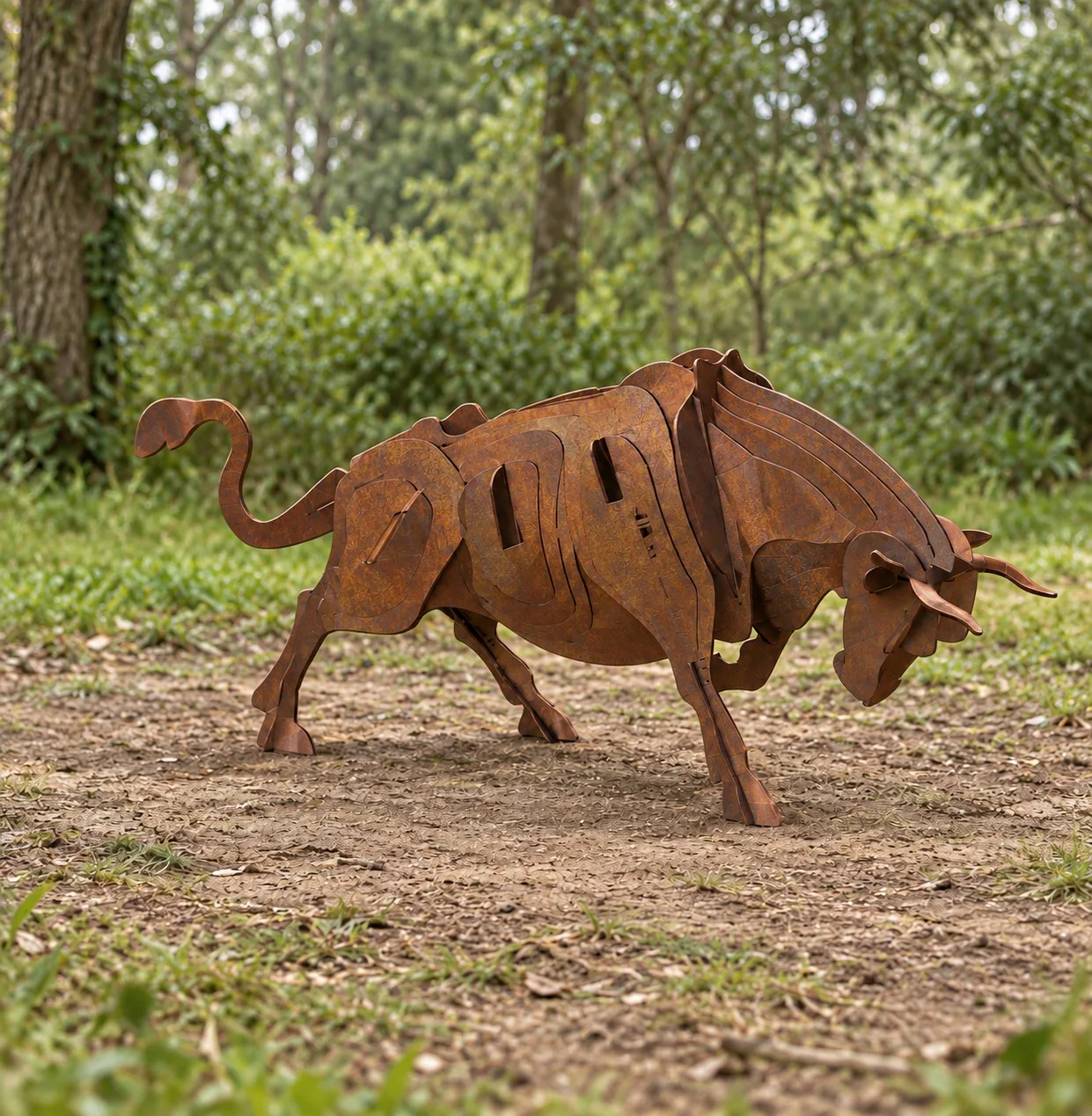 Rust-finished steel bull sculpture standing in a woodland clearing