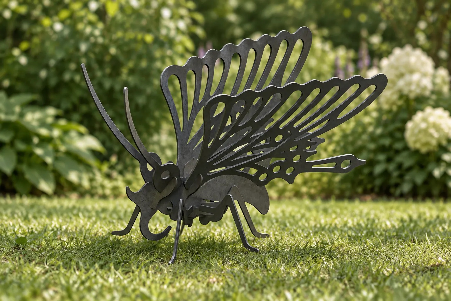 AI garden visualization of the dark steel butterfly sculpture