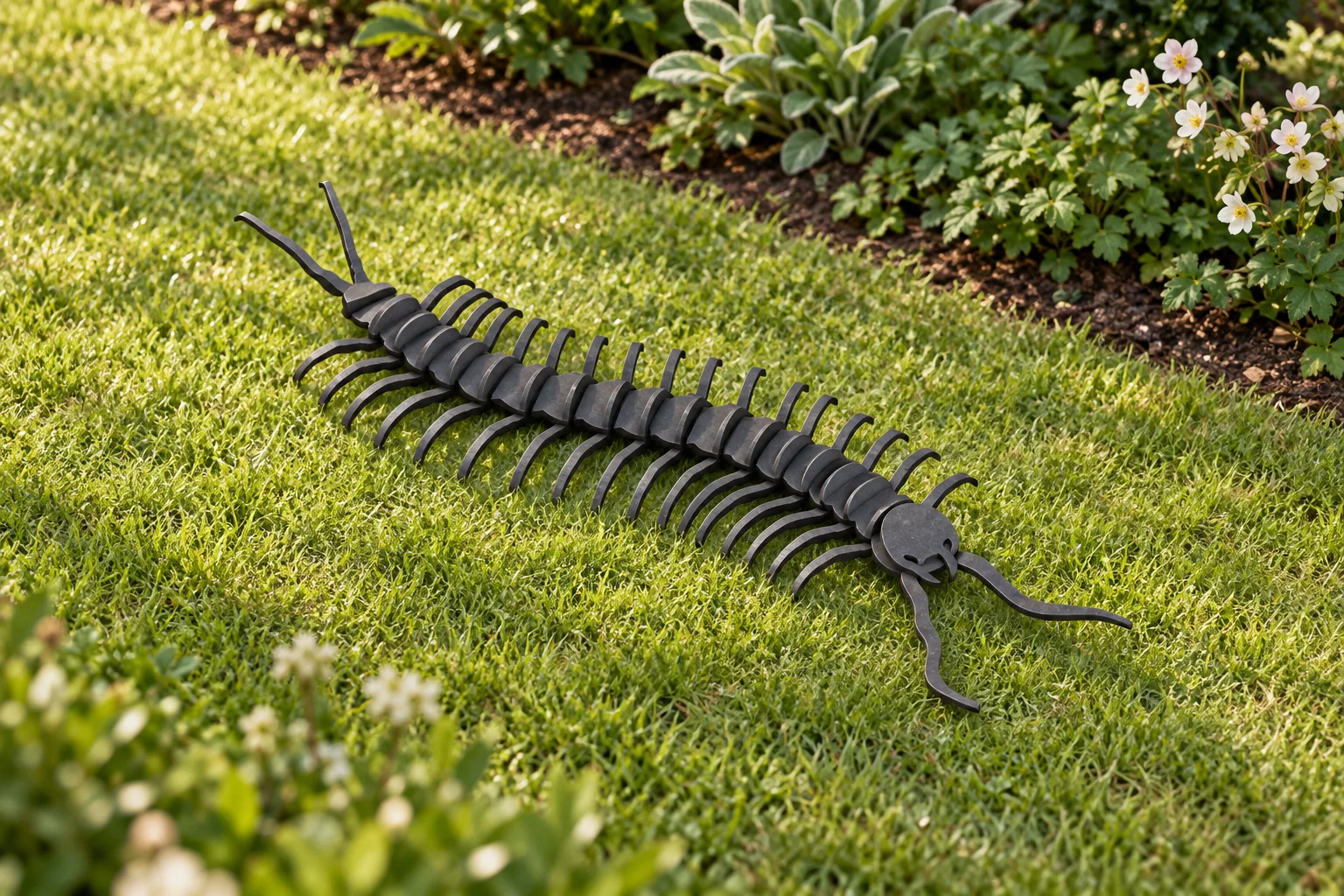 AI garden visualization of the assembled dark steel centipede sculpture