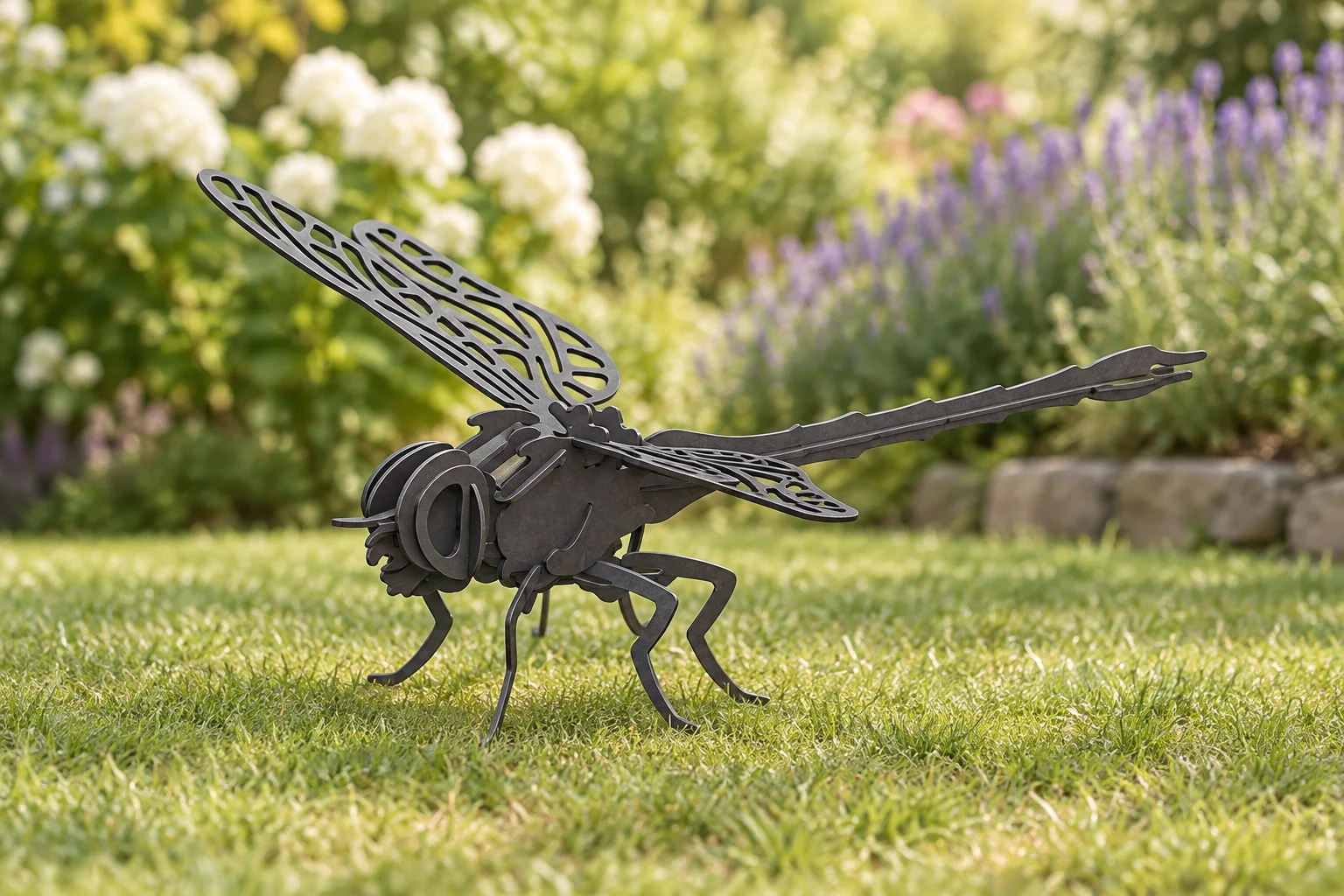 AI garden visualization of the revised dark steel dragonfly sculpture