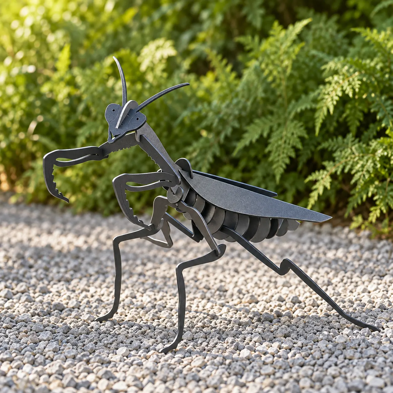 AI garden visualization of a dark steel praying mantis sculpture