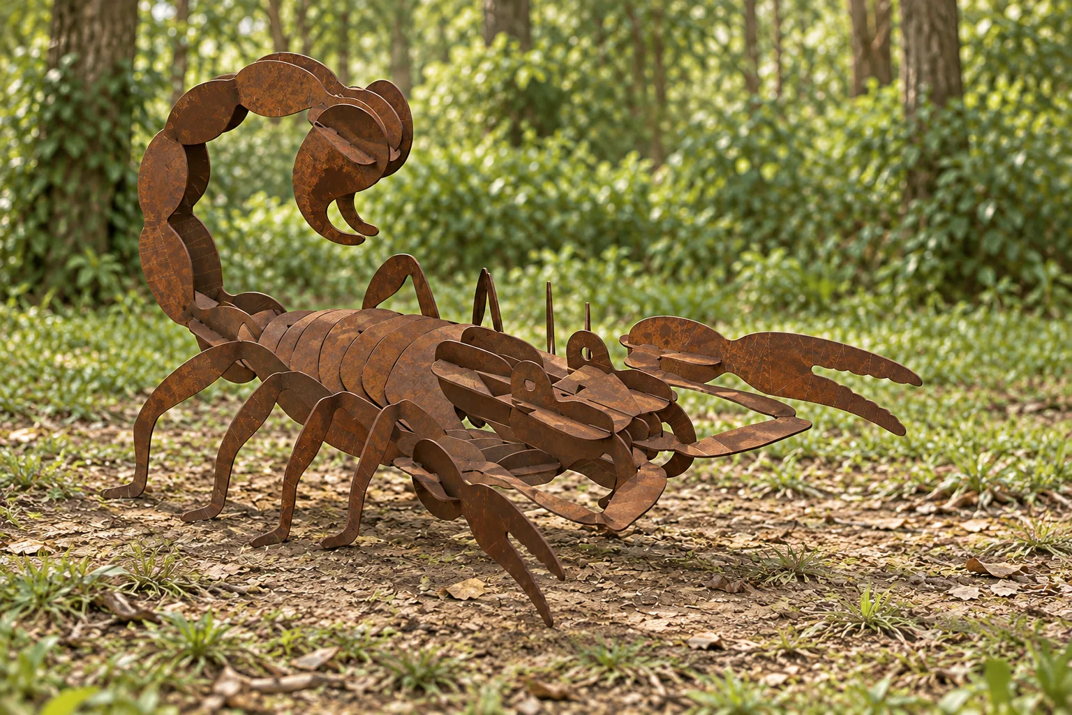 Rust-brown steel scorpion with raised curled tail and outstretched claws in a woodland clearing