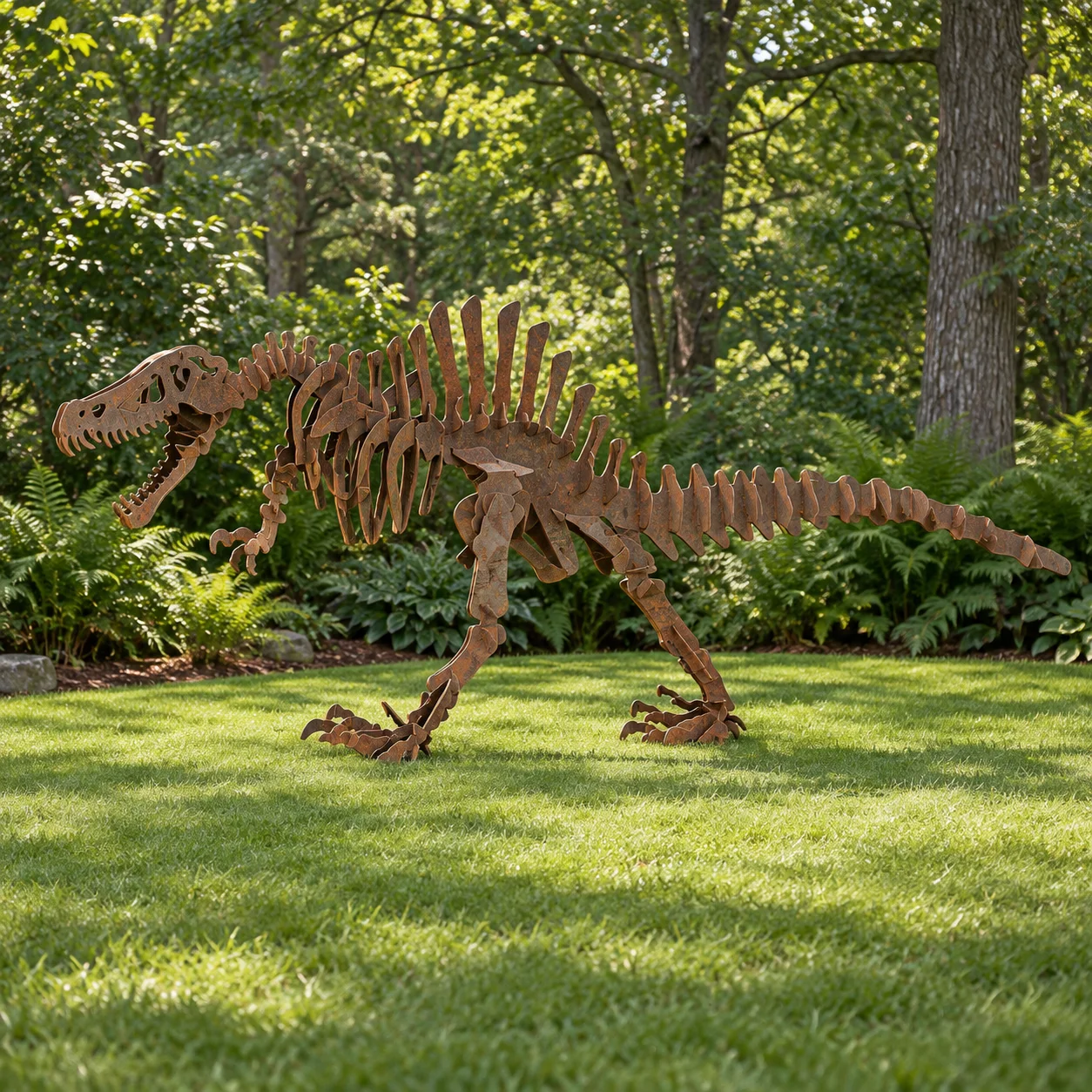 AI garden visualization of the Spinosaurus steel sculpture