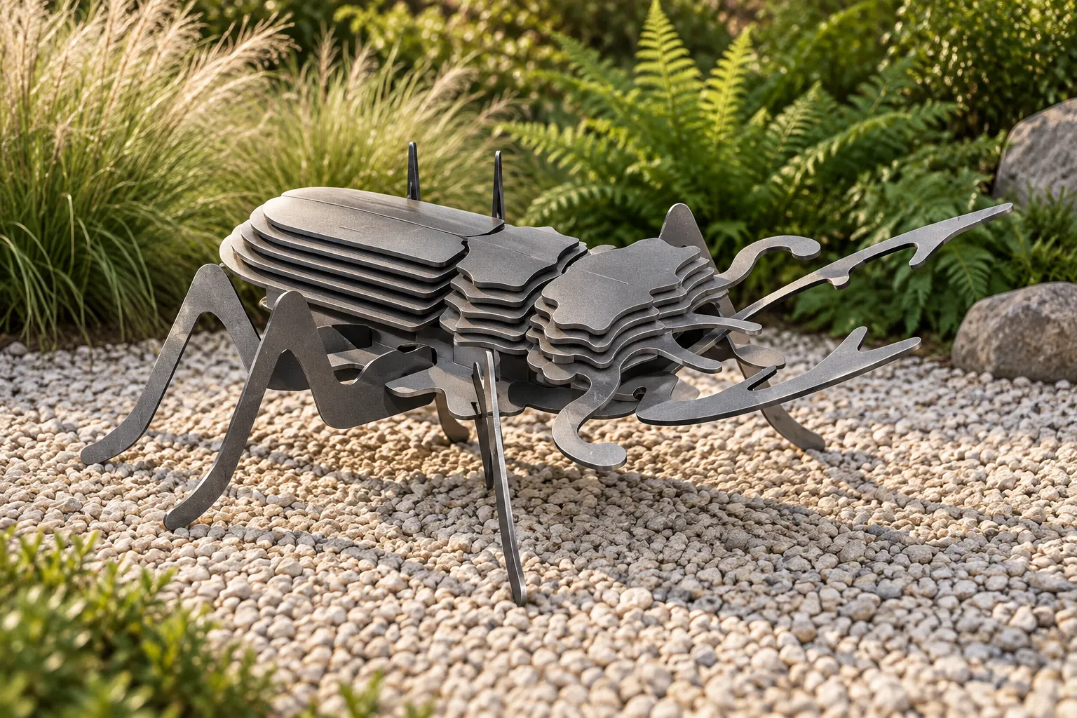 AI garden visualization of the assembled dark steel stag beetle sculpture