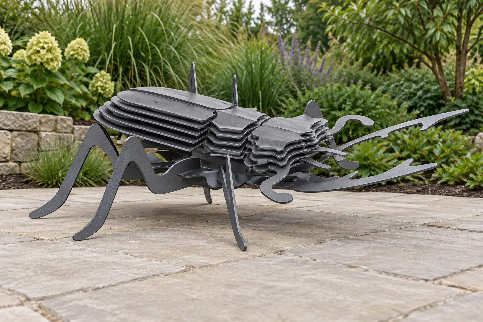 AI visualization of the layered steel stag beetle: steelwork in the light