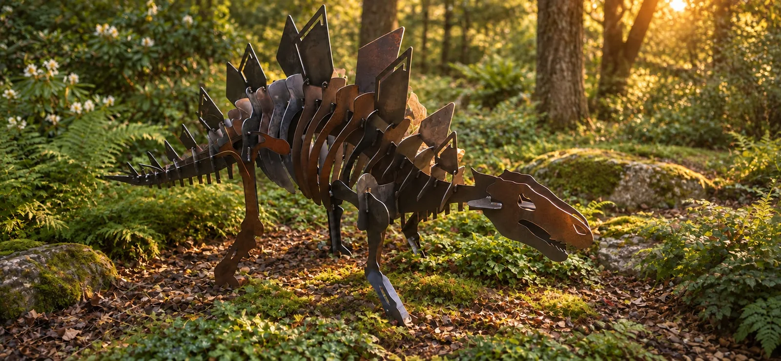 woodland image of the Stegosaurus sculpture