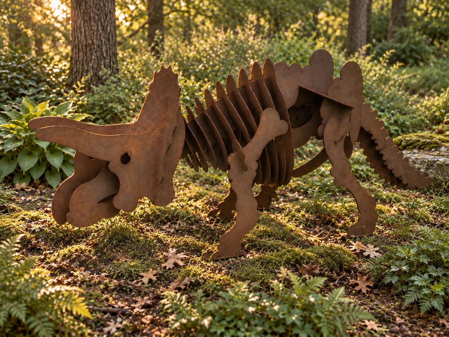 triceratops product visualization in a garden