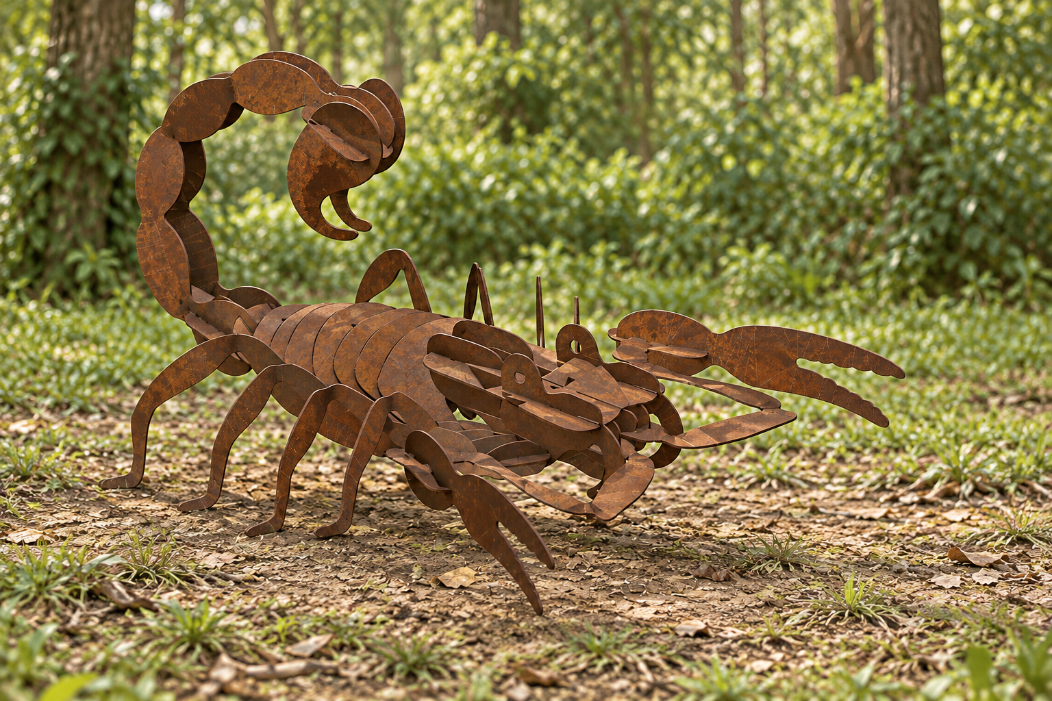 Rust-brown steel scorpion with a curled tail in a woodland clearing