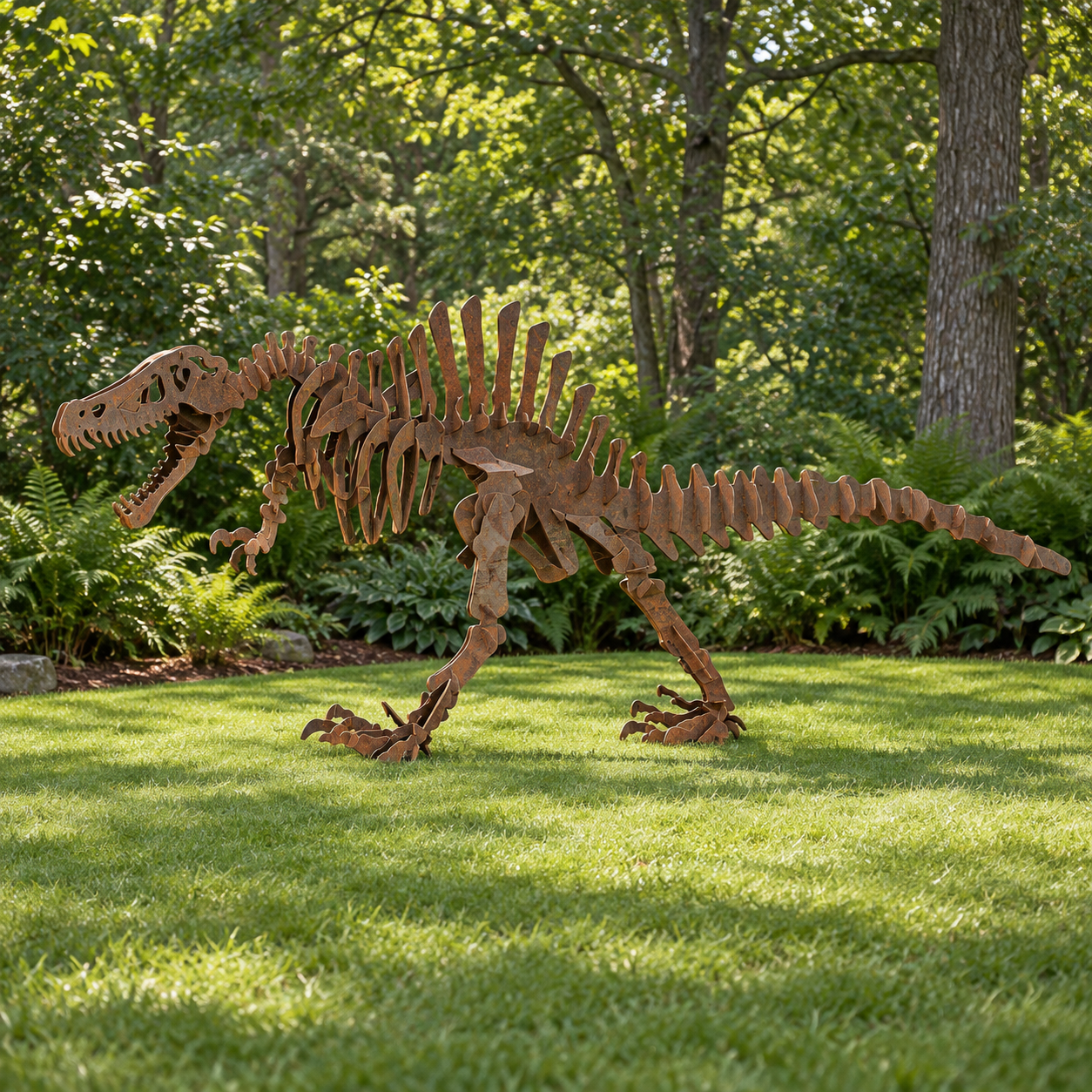 AI garden visualization of the Spinosaurus steel sculpture