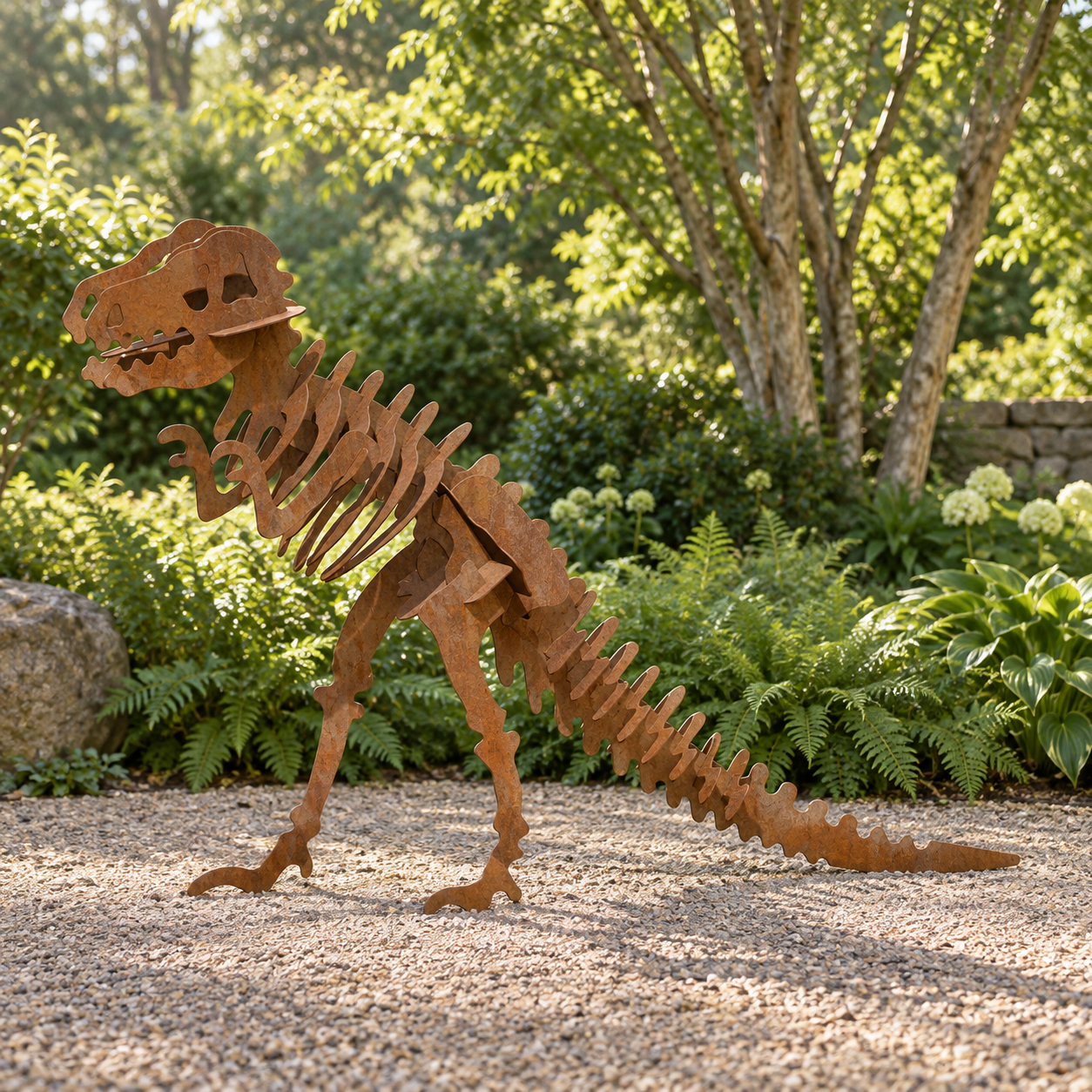 AI preview of the T-Rex steel sculpture in a garden